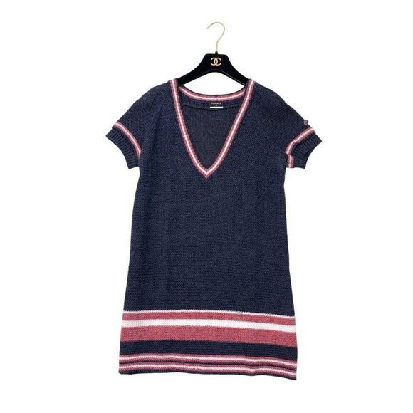 Authentic CHANEL Knit Short Sleeve Dress Navy Purple Knit Coco 40 - Picture 2 of 7